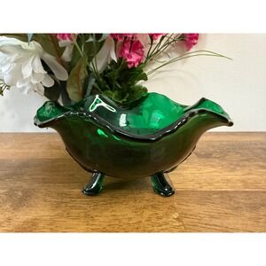 Vintage Emerald Green Glass Footed Bowl Mid-Century Decorative Dish Decor‎ Retro